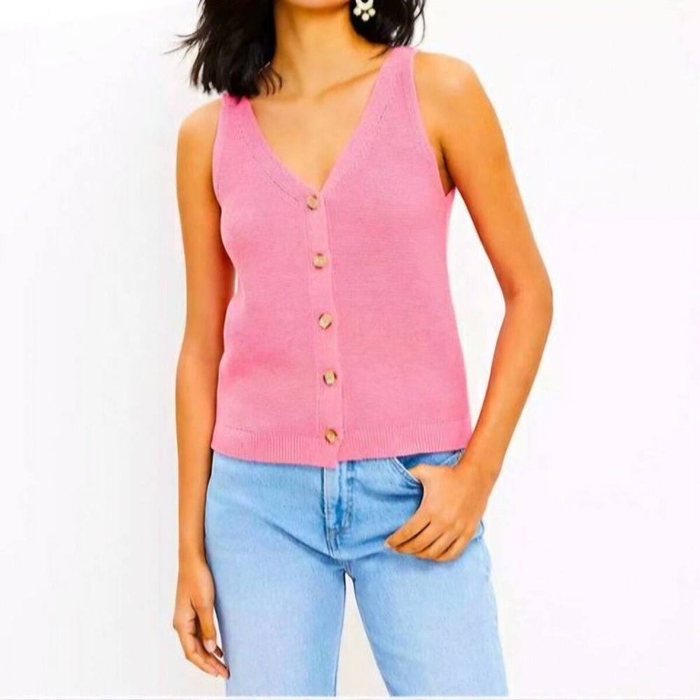 LOFT Petite Pink Knit Sweater Tank V-Neck Button Front Top Size MP